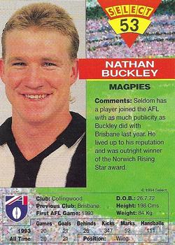 1994 Select AFL #53 Nathan Buckley Back